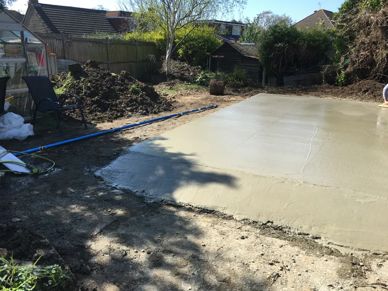 Freshly poured concrete slab for a garage